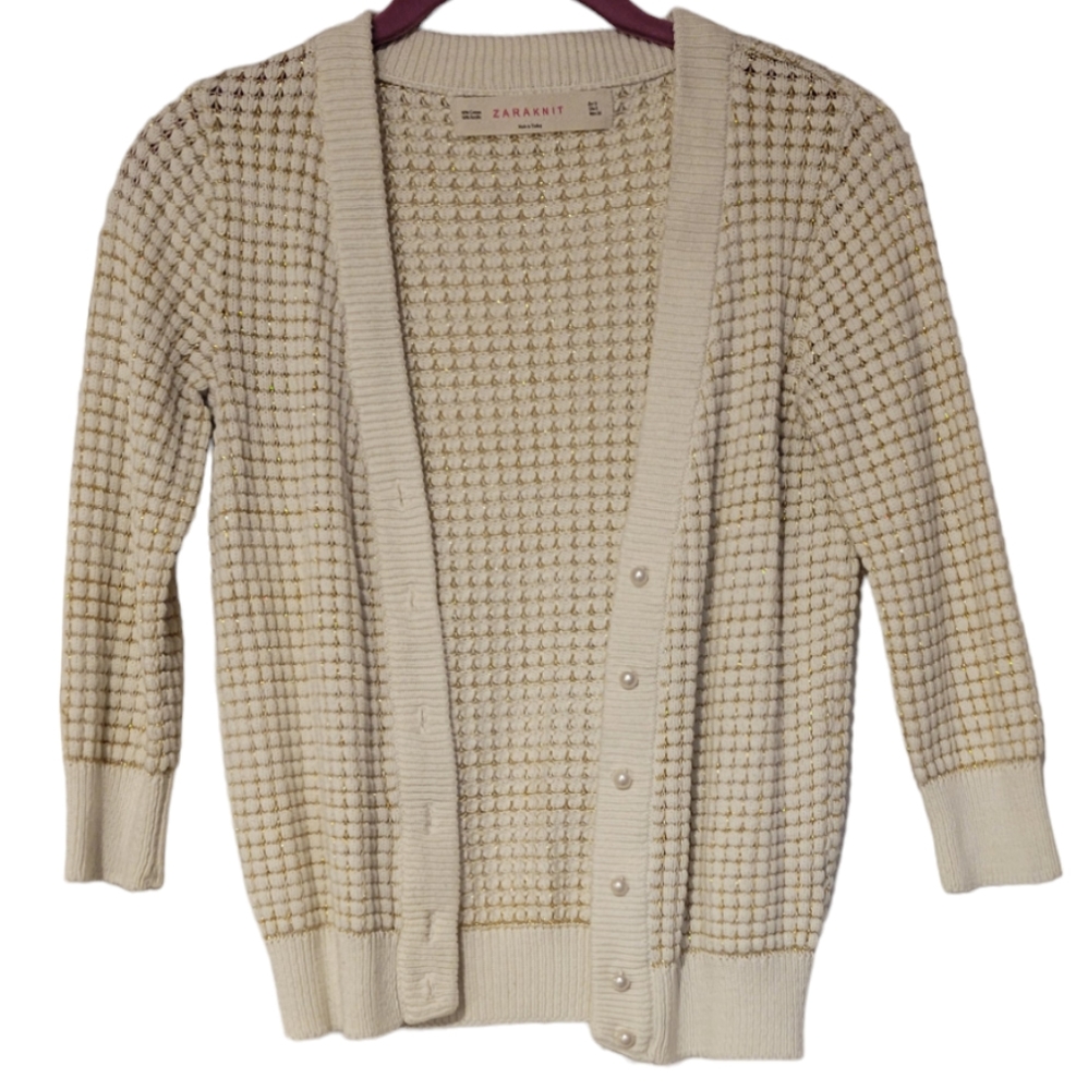 Zara Knit Cardigan Size Small Cream with Gold Detail